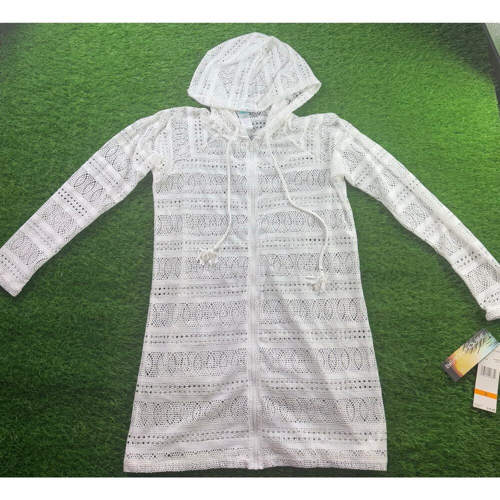Beach House Womens Sz S White Crochet Hooded Zip Cover Up Swim Resort NWT Travel